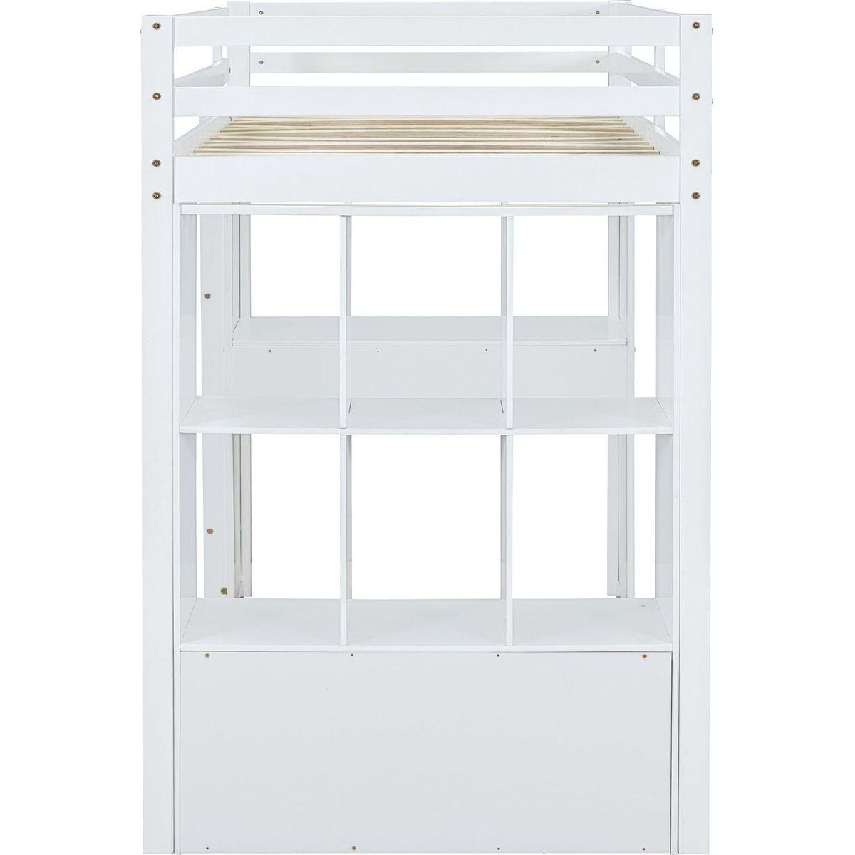 Full Size Loft Bed with large shelves, writing desk and LED Light, White