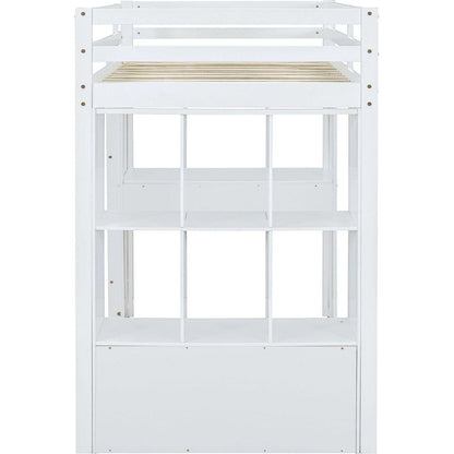 Full Size Loft Bed with large shelves, writing desk and LED Light, White