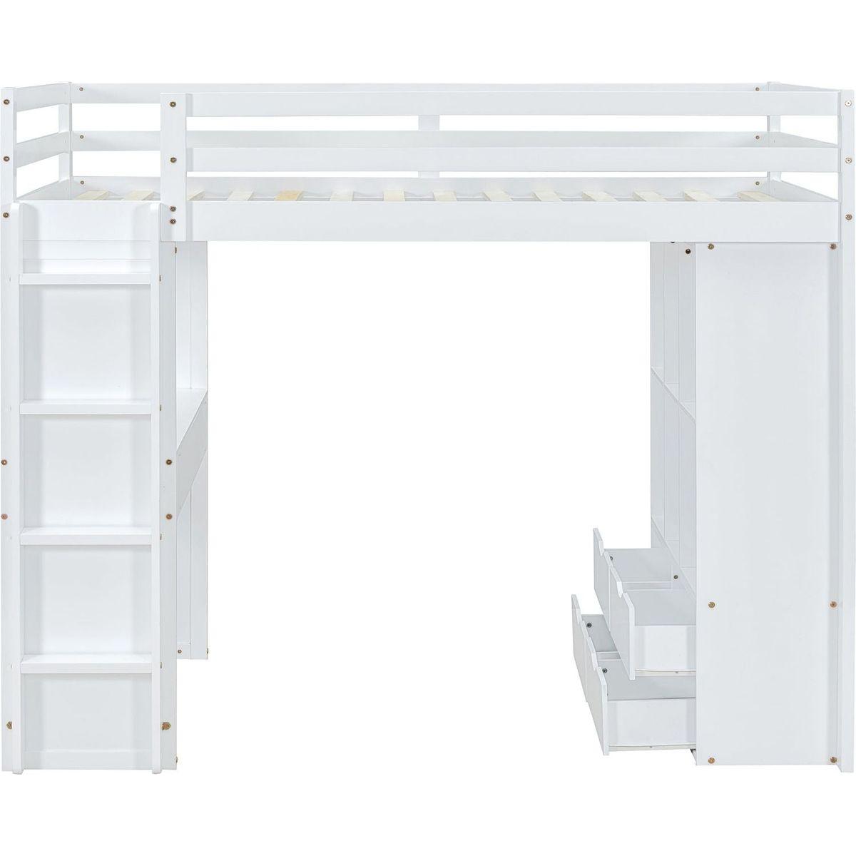 Full Size Loft Bed with large shelves, writing desk and LED Light, White