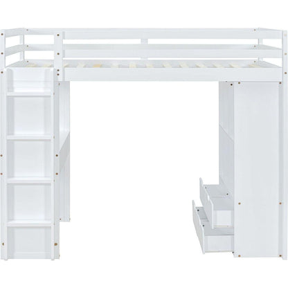Full Size Loft Bed with large shelves, writing desk and LED Light, White