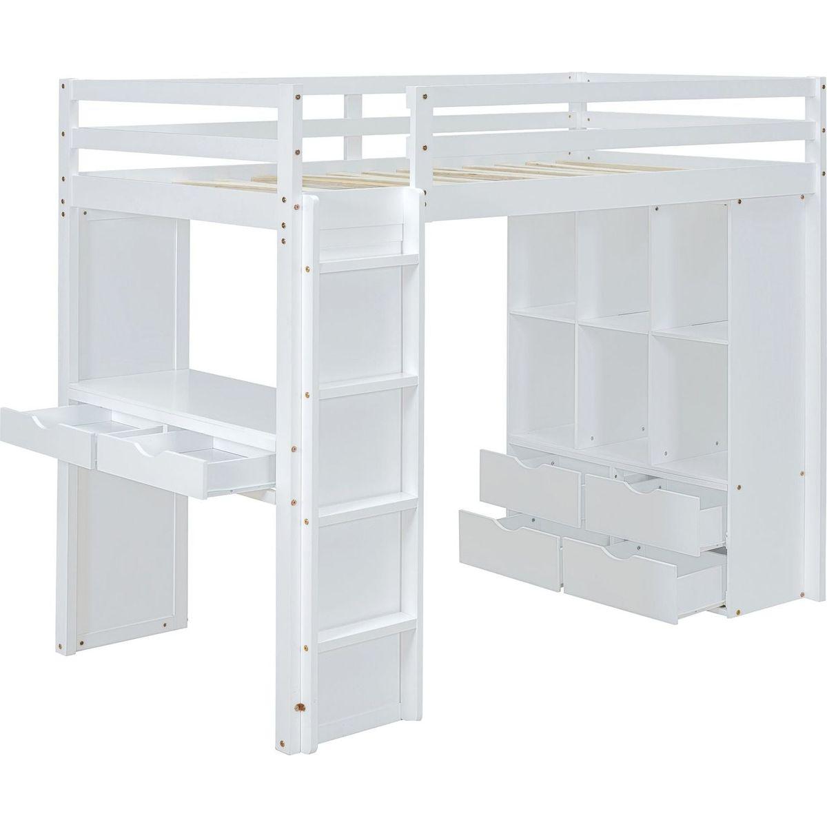 Full Size Loft Bed with large shelves, writing desk and LED Light, White
