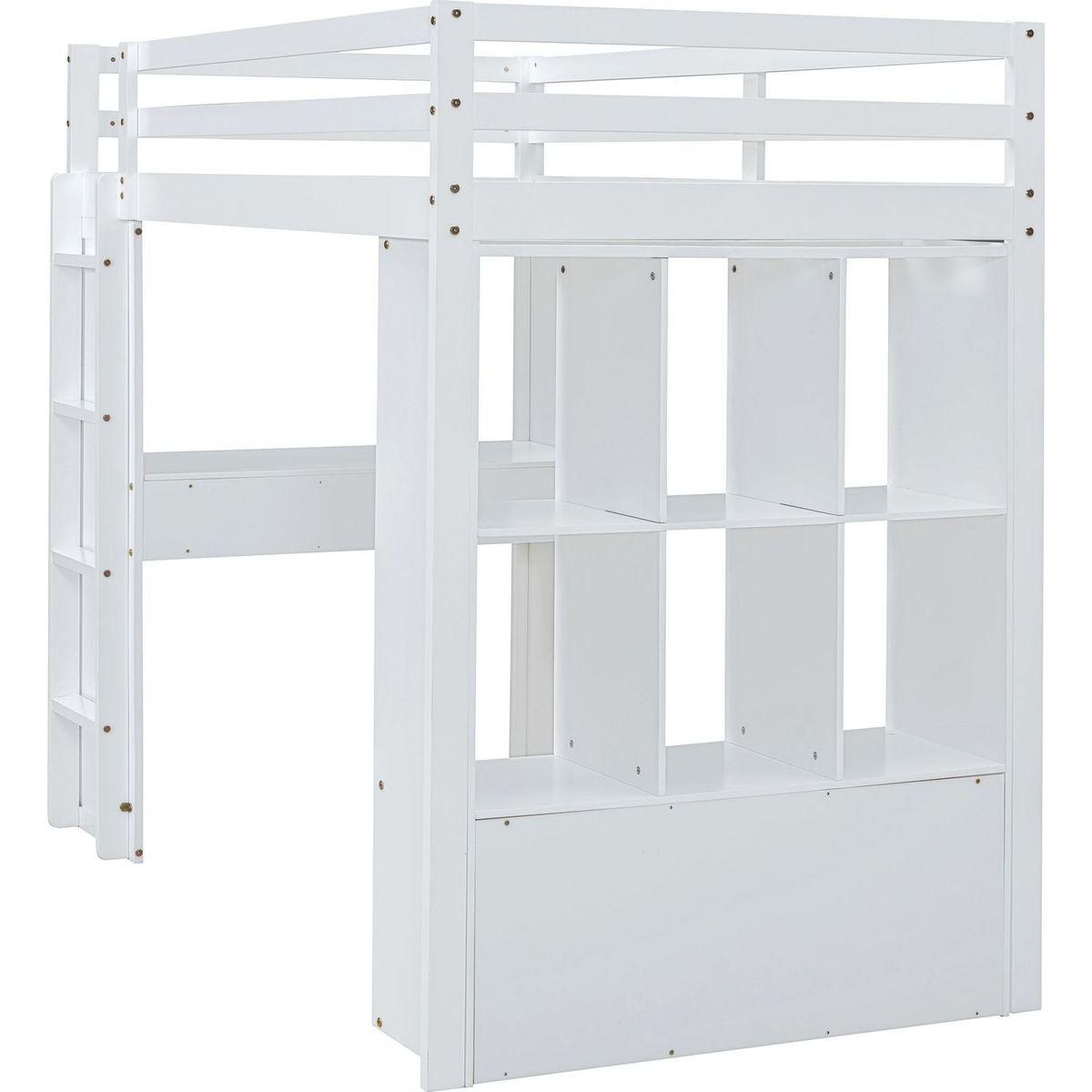 Full Size Loft Bed with large shelves, writing desk and LED Light, White