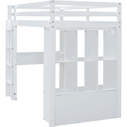 Full Size Loft Bed with large shelves, writing desk and LED Light, White