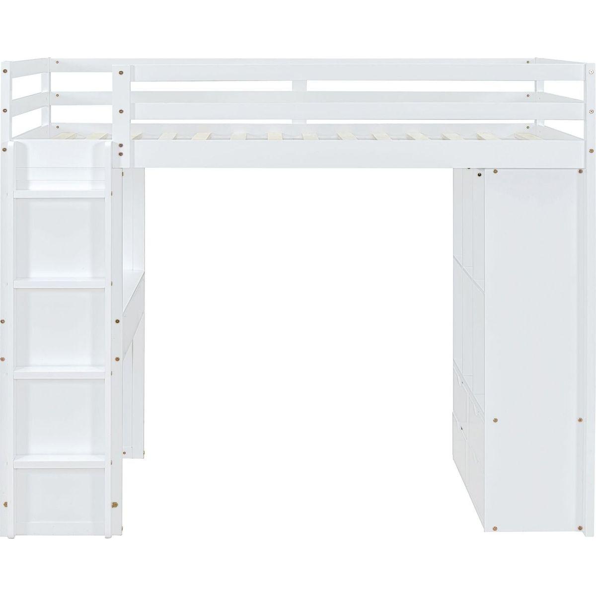 Full Size Loft Bed with large shelves, writing desk and LED Light, White