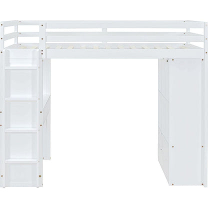 Full Size Loft Bed with large shelves, writing desk and LED Light, White