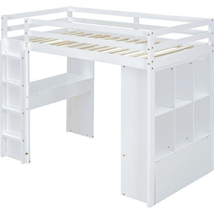 Full Size Loft Bed with large shelves, writing desk and LED Light, White