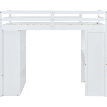 Full Size Loft Bed with large shelves, writing desk and LED Light, White