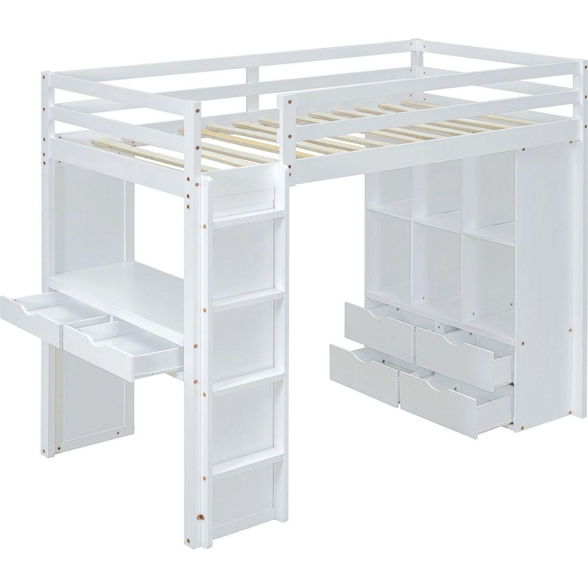Full Size Loft Bed with large shelves, writing desk and LED Light, White