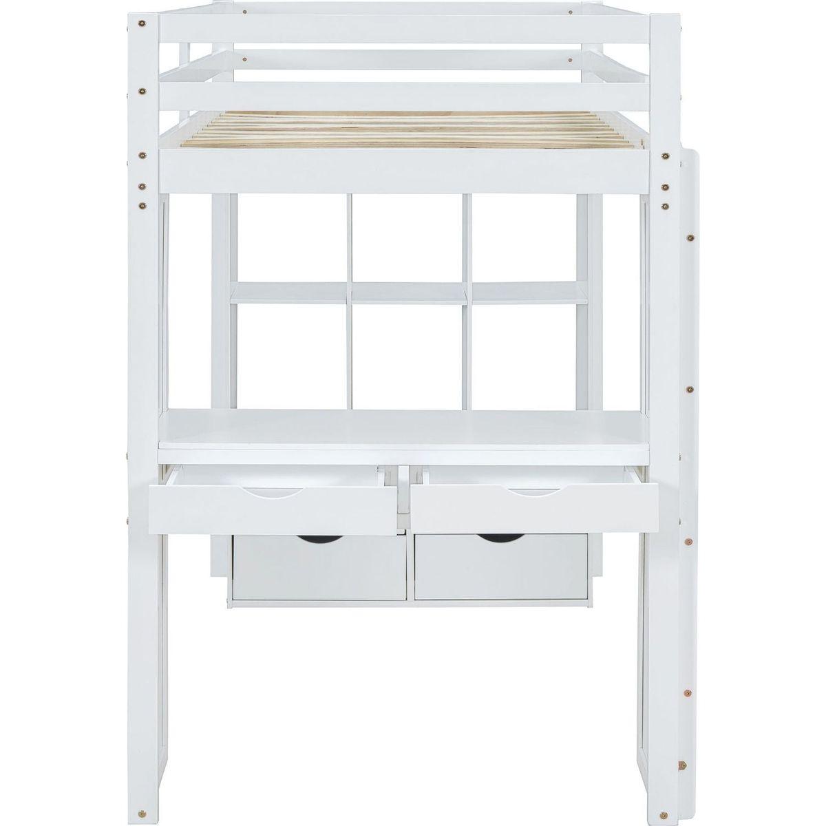 Full Size Loft Bed with large shelves, writing desk and LED Light, White