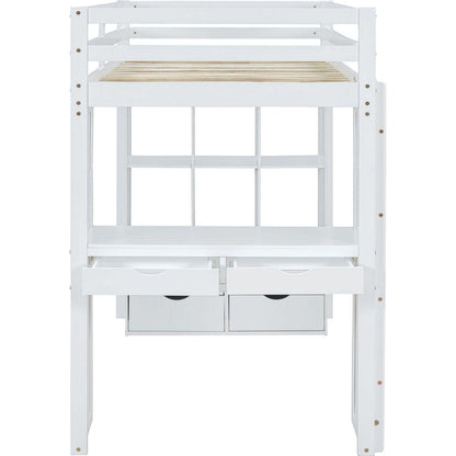 Full Size Loft Bed with large shelves, writing desk and LED Light, White