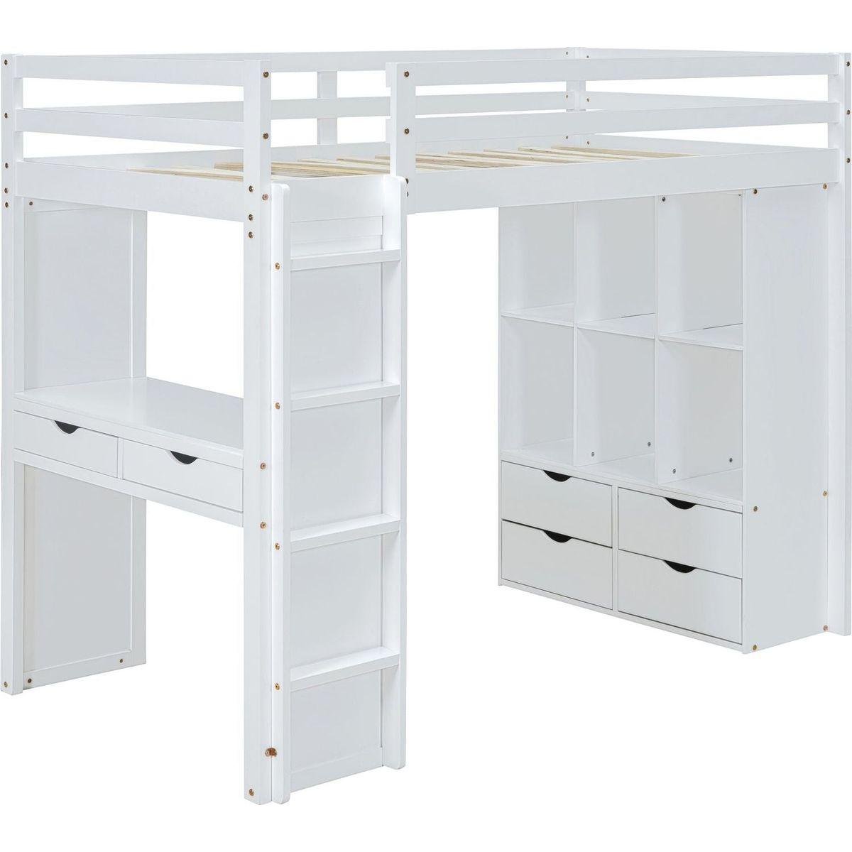 Full Size Loft Bed with large shelves, writing desk and LED Light, White