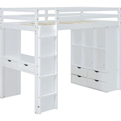 Full Size Loft Bed with large shelves, writing desk and LED Light, White