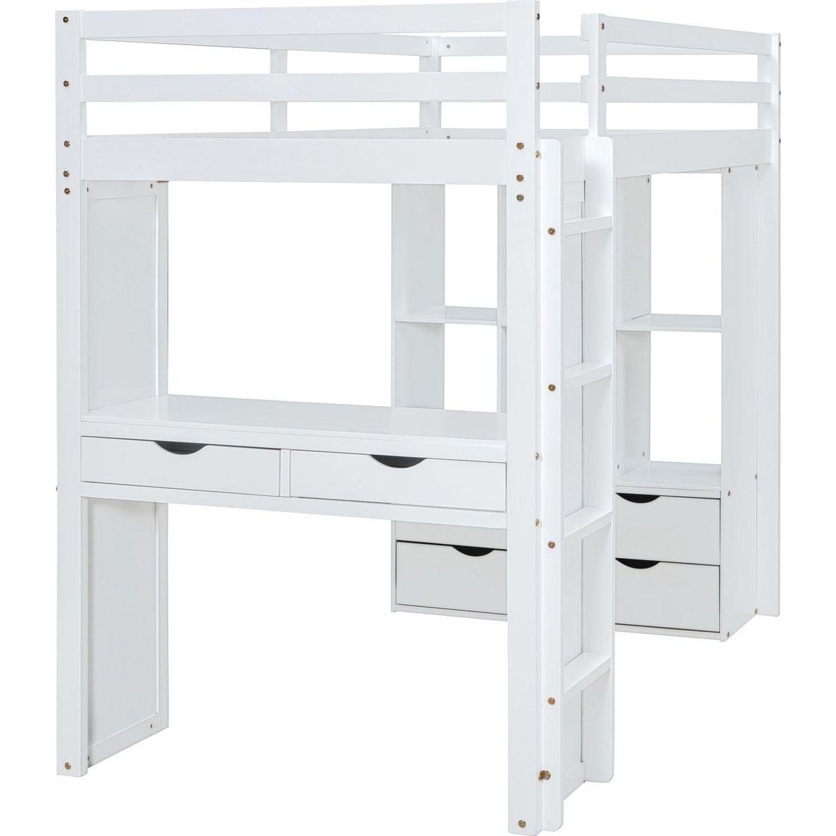 Full Size Loft Bed with large shelves, writing desk and LED Light, White