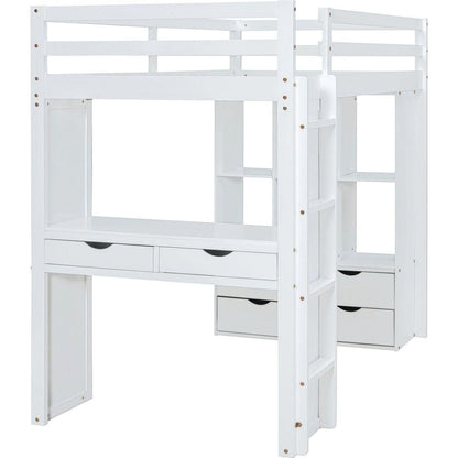 Full Size Loft Bed with large shelves, writing desk and LED Light, White
