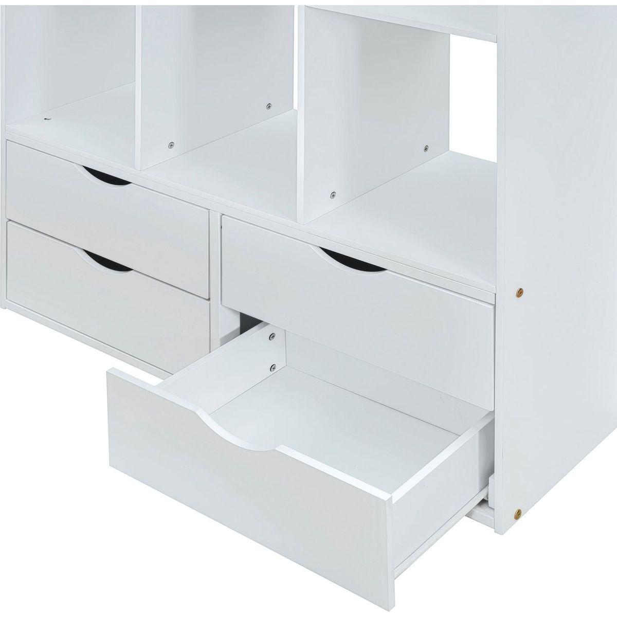 Full Size Loft Bed with large shelves, writing desk and LED Light, White