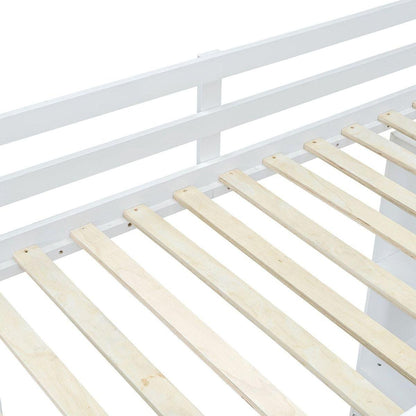 Full Size Loft Bed with large shelves, writing desk and LED Light, White