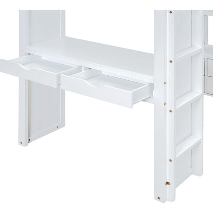 Full Size Loft Bed with large shelves, writing desk and LED Light, White