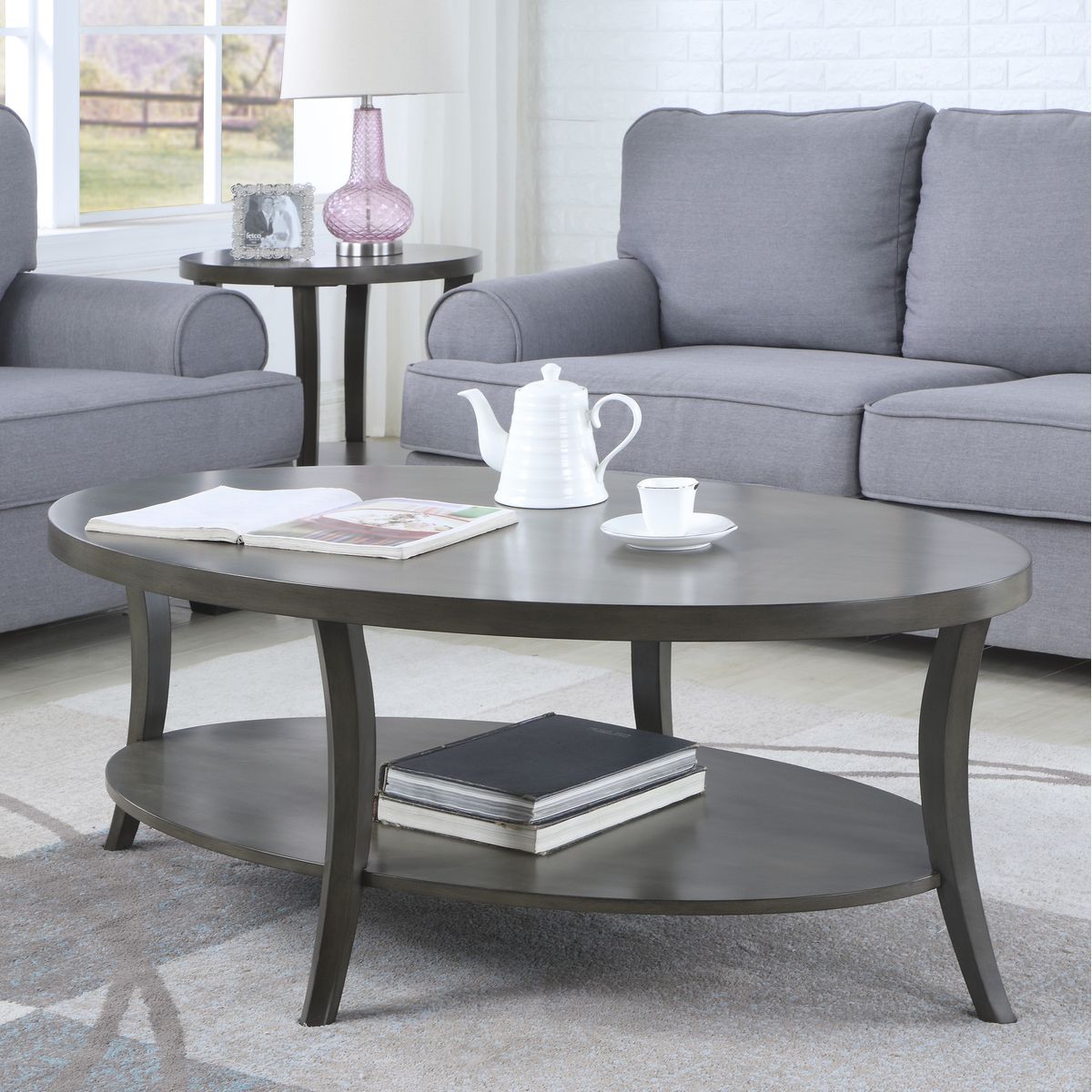 Perth Contemporary Oval Shelf Coffee Table, Gray