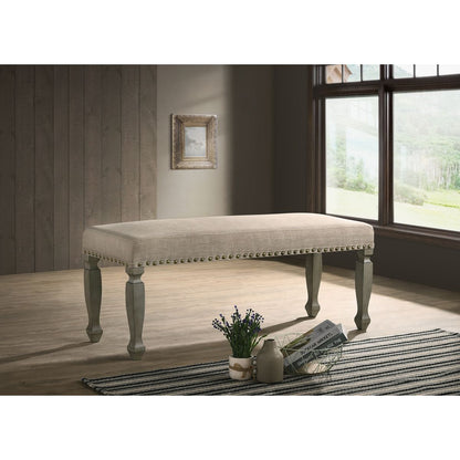 Breda Antique Gray Finish Upholstered Nailhead Bench