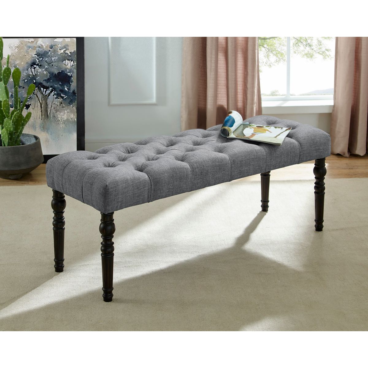 Leviton Fabric Tufted Turned Leg  Dining Bench, Gray