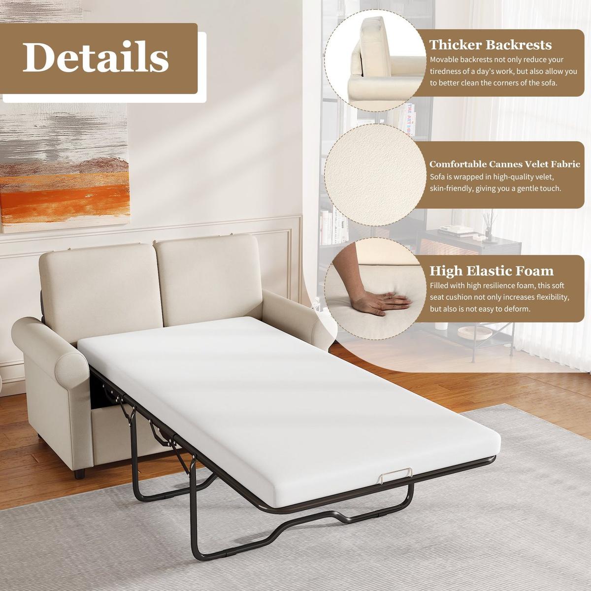 57.4" Pull Out Sofa Bed,Sleeper Sofa Bed with Premium Twin Size Mattress Pad,2-in-1 Pull Out Couch Bed with Two USB Ports for Living Room,Small Apartment, Beige