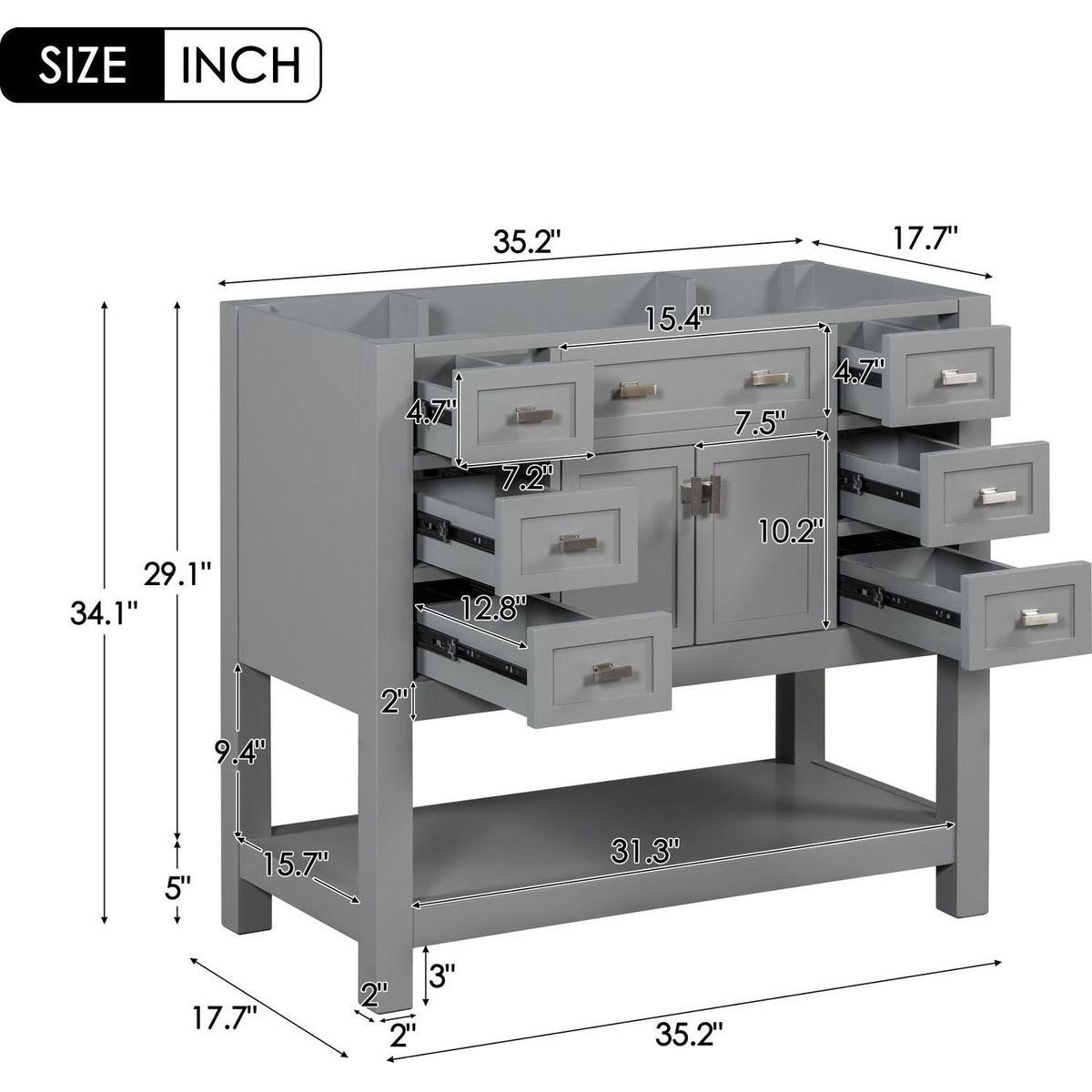 36" Bathroom Vanity without Top Sink, Grey Cabinet only, Modern Bathroom Storage Cabinet with 2 Soft Closing Doors and 6 Drawers (NOT INCLUDE BATHROOM VANITY SINK)