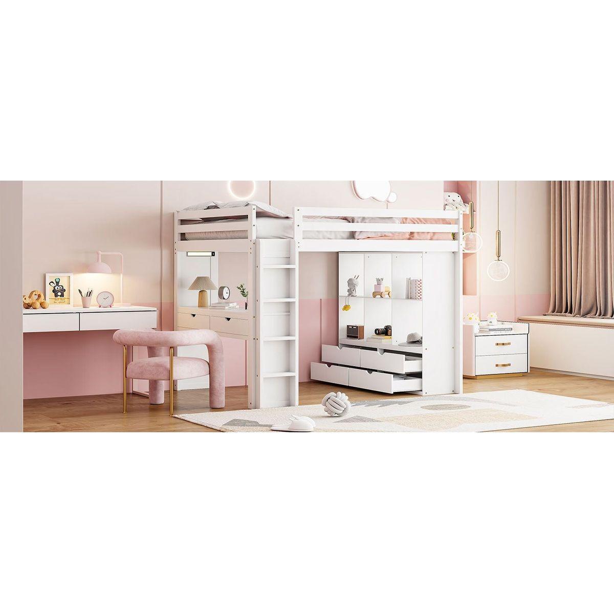 Full Size Loft Bed with large shelves, writing desk and LED Light, White