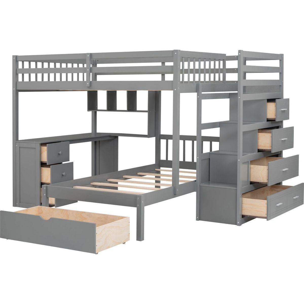 Full Over Twin Bunk Bed with Desk, Drawers and Shelves, Gray
