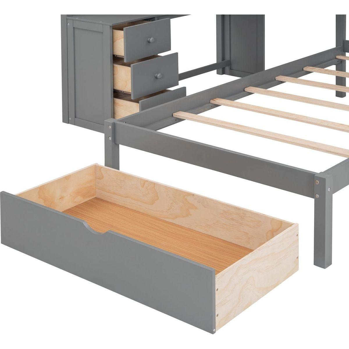 Full Over Twin Bunk Bed with Desk, Drawers and Shelves, Gray