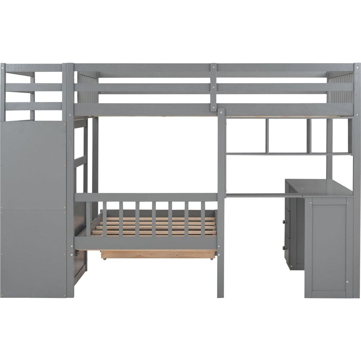 Full Over Twin Bunk Bed with Desk, Drawers and Shelves, Gray