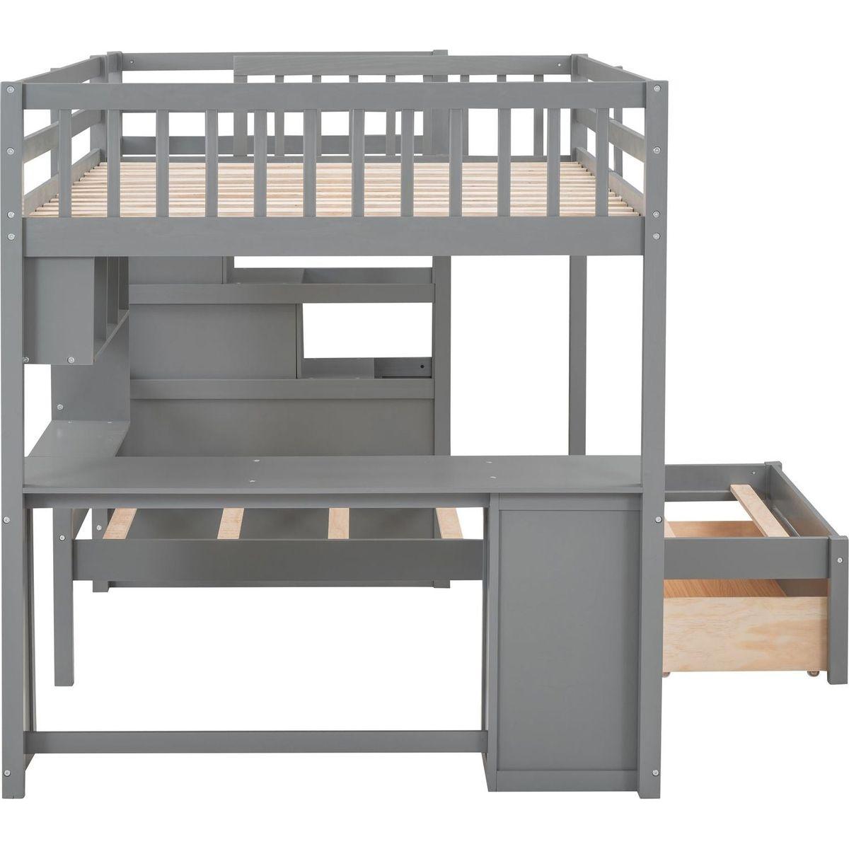 Full Over Twin Bunk Bed with Desk, Drawers and Shelves, Gray