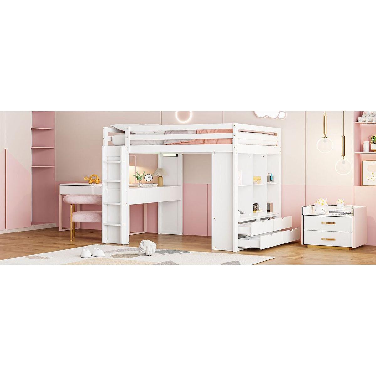 Full Size Loft Bed with large shelves, writing desk and LED Light, White