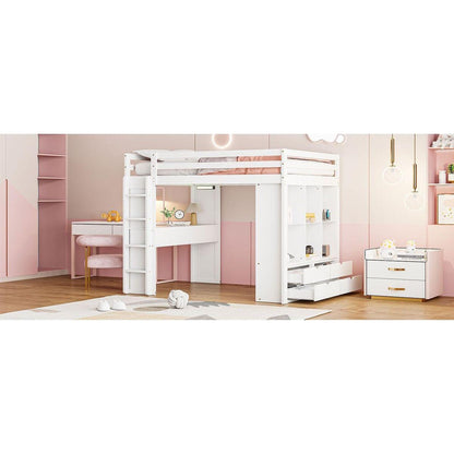 Full Size Loft Bed with large shelves, writing desk and LED Light, White