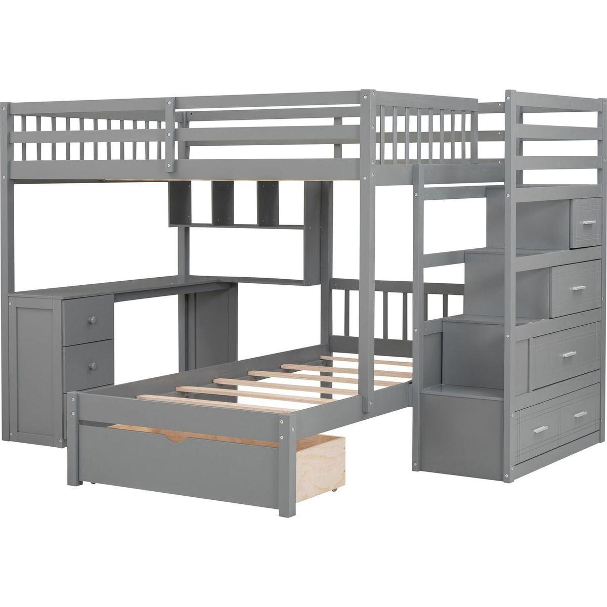 Full Over Twin Bunk Bed with Desk, Drawers and Shelves, Gray