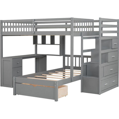 Full Over Twin Bunk Bed with Desk, Drawers and Shelves, Gray