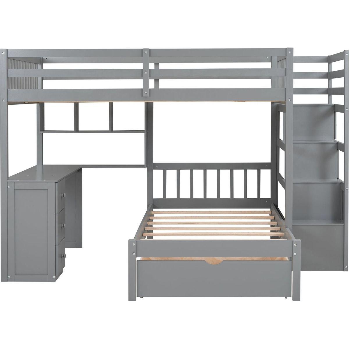 Full Over Twin Bunk Bed with Desk, Drawers and Shelves, Gray