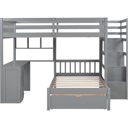 Full Over Twin Bunk Bed with Desk, Drawers and Shelves, Gray