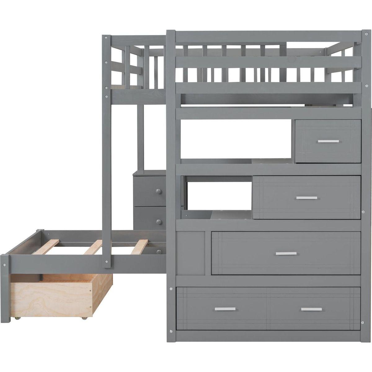 Full Over Twin Bunk Bed with Desk, Drawers and Shelves, Gray