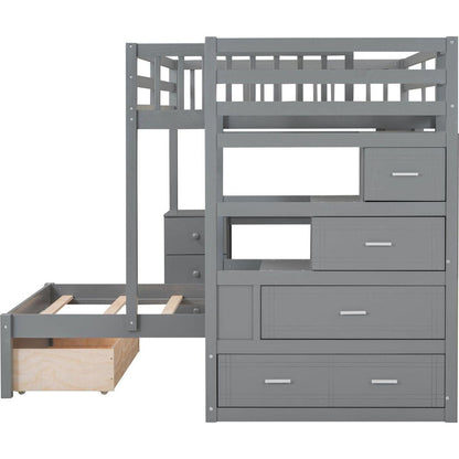 Full Over Twin Bunk Bed with Desk, Drawers and Shelves, Gray