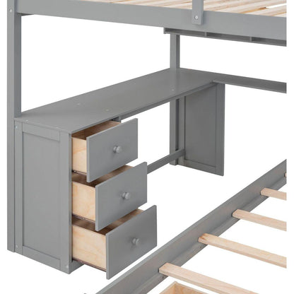 Full Over Twin Bunk Bed with Desk, Drawers and Shelves, Gray