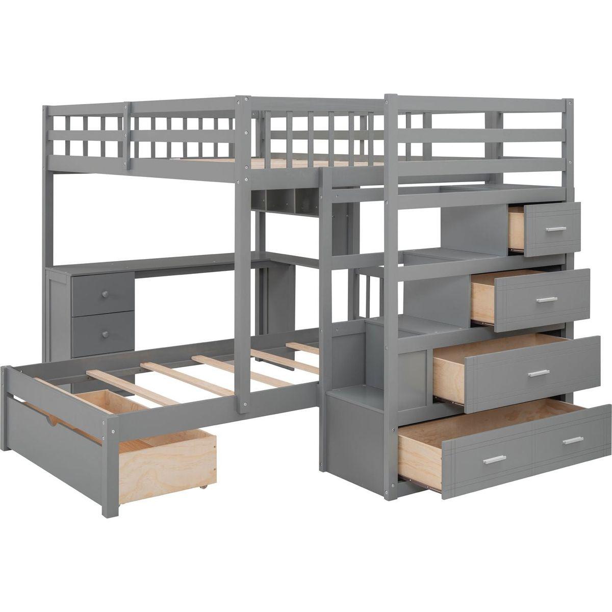 Full Over Twin Bunk Bed with Desk, Drawers and Shelves, Gray