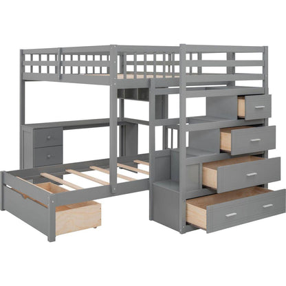 Full Over Twin Bunk Bed with Desk, Drawers and Shelves, Gray