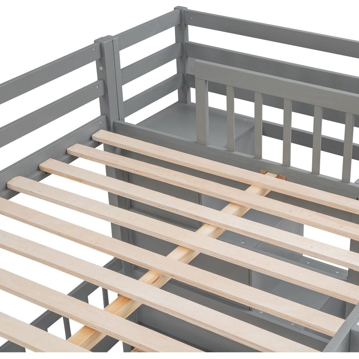 Full Over Twin Bunk Bed with Desk, Drawers and Shelves, Gray