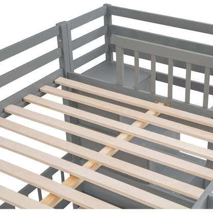 Full Over Twin Bunk Bed with Desk, Drawers and Shelves, Gray