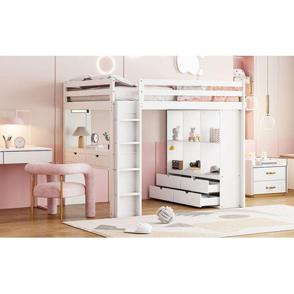 Full Size Loft Bed with large shelves, writing desk and LED Light, White