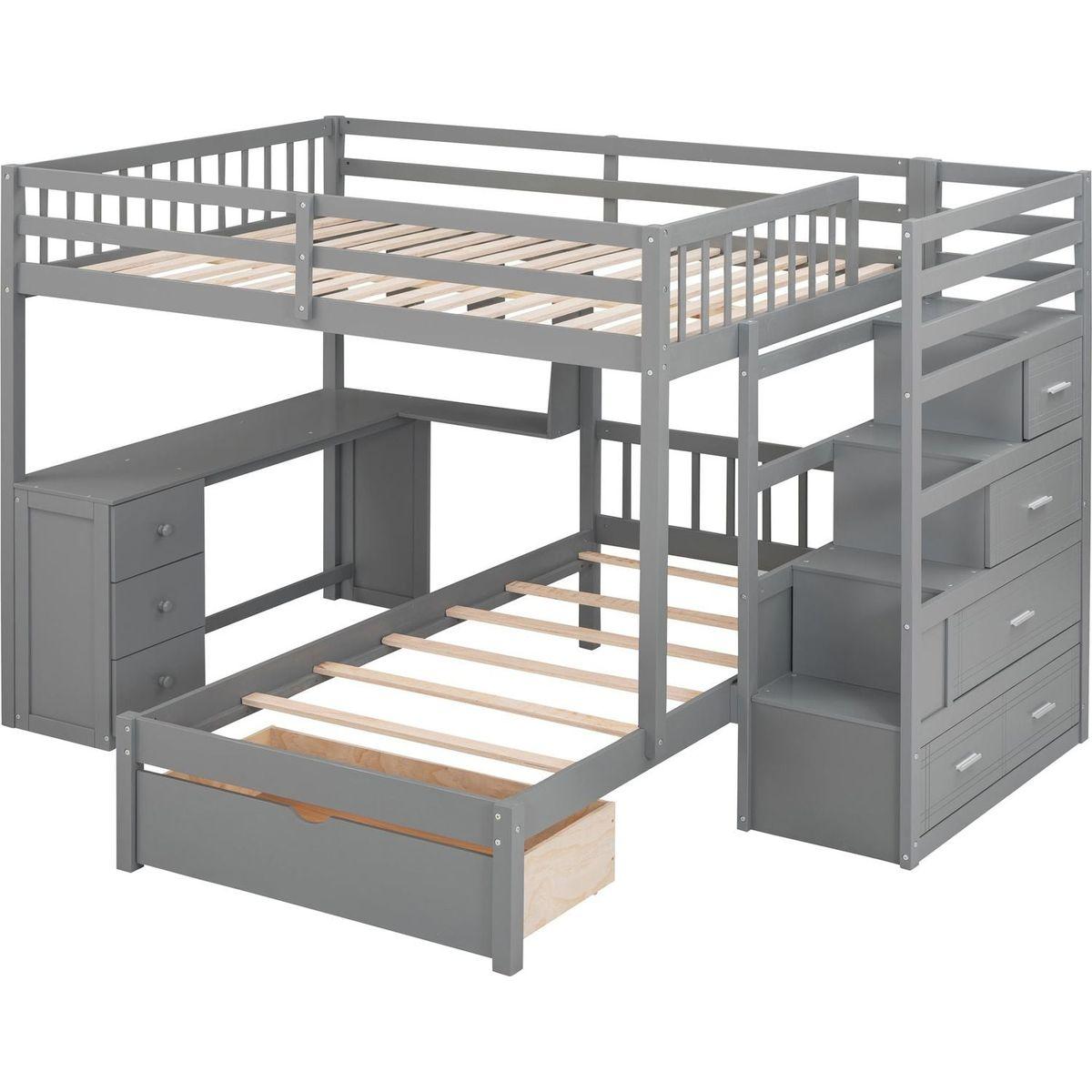 Full Over Twin Bunk Bed with Desk, Drawers and Shelves, Gray