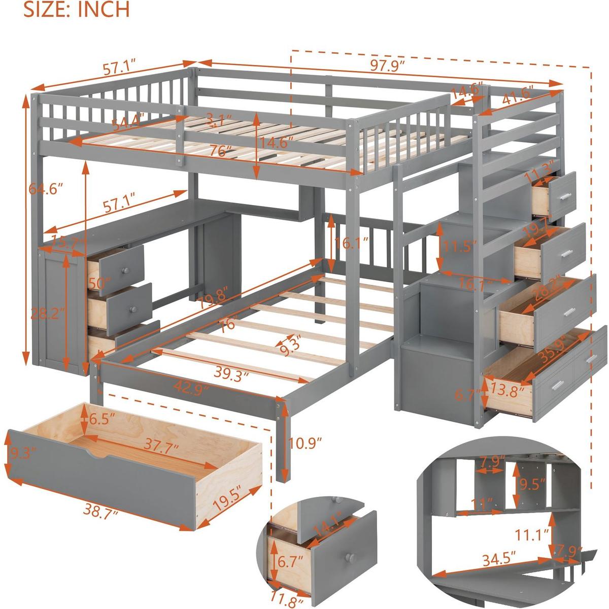 Full Over Twin Bunk Bed with Desk, Drawers and Shelves, Gray