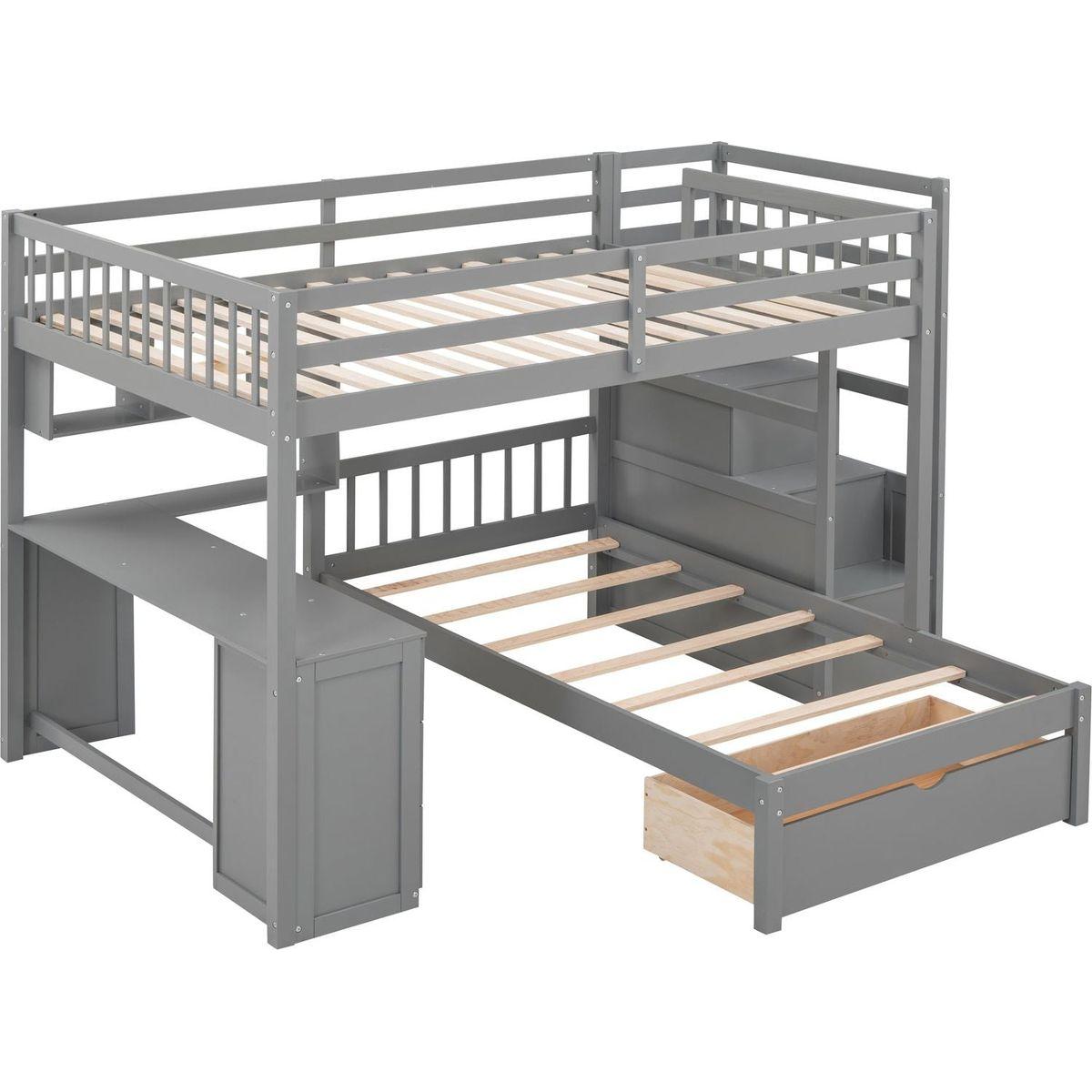 Full Over Twin Bunk Bed with Desk, Drawers and Shelves, Gray