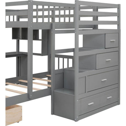 Full Over Twin Bunk Bed with Desk, Drawers and Shelves, Gray