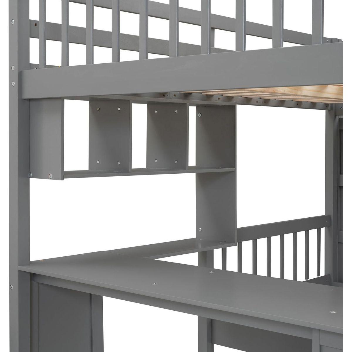 Full Over Twin Bunk Bed with Desk, Drawers and Shelves, Gray